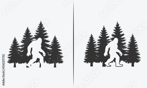 Bigfoot Silhouette Walking Through Pine Trees – Mythical Sasquatch Design in a Forest Landscape
