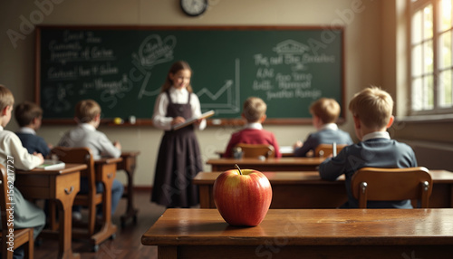 Teacher presenting lesson to students in vintage classroom setting  