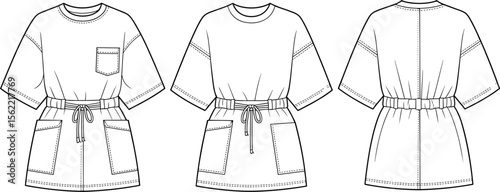 Unisex Flat Sketch Template: Drawstring Waist T-Shirt Dress with Patch Pockets