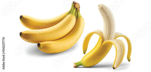 Bunch of yellow bananas and one peeled banana on white background