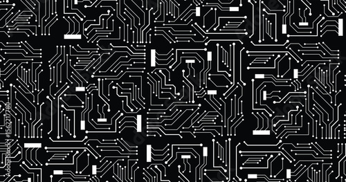 A white circuit line technology pattern on black background.