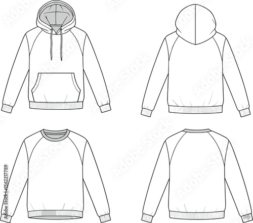 Unisex hoodie and crewneck sweatshirt flat sketch, vector fashion template, casual pullover clothing design, winterwear technical apparel illustration
