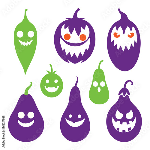 Vector cartoon set of various fruits and vegetables with Halloween and Christmas holiday elements