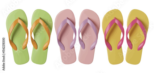 Collection of colorful flip flops arranged in a row on a white background