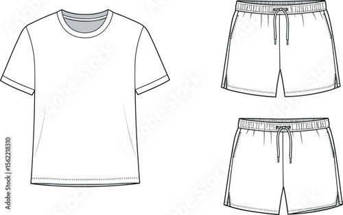 Unisex casual t-shirt and drawstring shorts flat sketch, vector apparel template, fashion technical drawing, summer outfit clothing design illustration