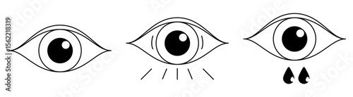 Flat minimalist eye icon set in outline style, vector EPS 10. Includes open eye, surprised eye and with eyedrop icon. Ideal for visibility toggles, privacy settings, security UI elements design tools.