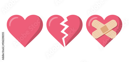 Three pink hearts showing a journey from whole to broken to healed with bandages