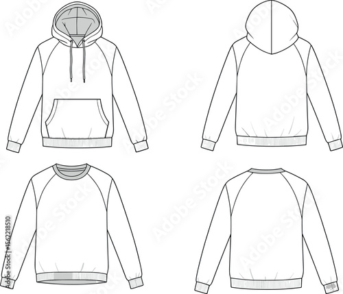 Unisex hoodie and sweatshirt technical flat sketch, fashion vector template, pullover top design, casual winterwear clothing illustration for apparel designers