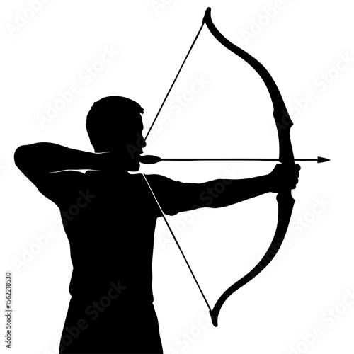 Focused Archer Man Silhouette with Bow and Arrow - Archery Sport Vector for Precision and Aim