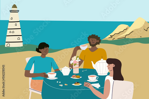 Diverse group enjoying afternoon tea by the seaside with lighthouse view.