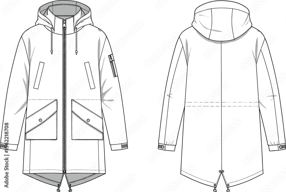 © Vector Sifat - Unisex hooded parka coat flat sketch, technical fashion drawing, outerwear jacket template with zipper, pockets, drawstring, vector apparel illustration