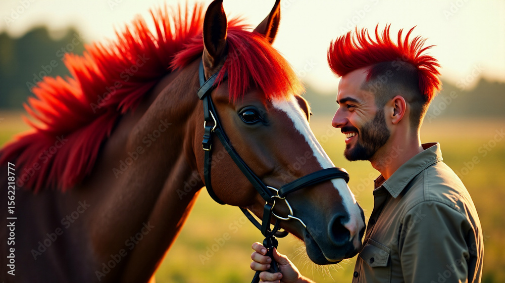 Obraz premium Man with red mohawk shares joyful moment with his horse featuring a striking red mane during sunset in an open field