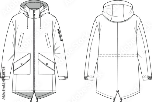 Unisex hooded parka coat flat sketch, technical fashion drawing, outerwear jacket template with zipper, pockets, drawstring, vector apparel illustration