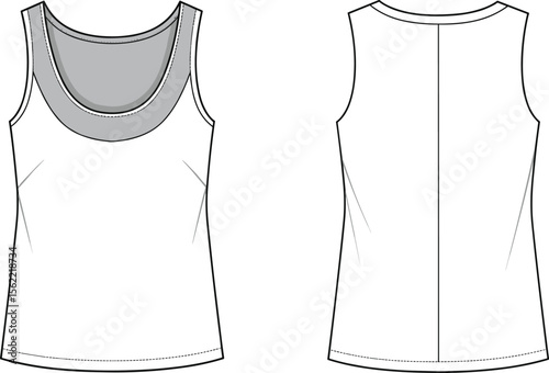 Women’s layered tank top technical flat sketch, fashion template vector, activewear sleeveless shirt design, summer top apparel illustration