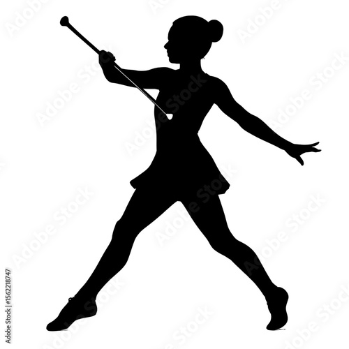 Dynamic Black Silhouette of a Baton Twirler in an Action Pose - Performance Art Vector