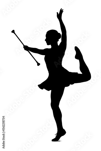 Graceful Black Silhouette of a Female Baton Twirler in Motion - Performance Art Vector