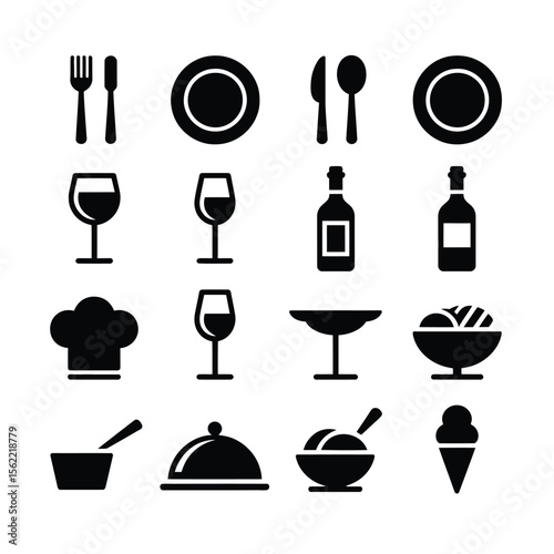 Collection of black silhouette icons representing food and drink items for a restaurant or cafe