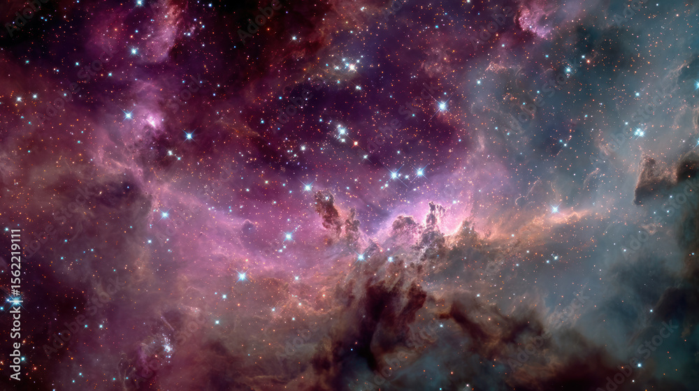 Obraz premium Dazzling cosmic nebula filled with swirling purple and blue colors, highlighted by bright stars, set in the vastness of space.