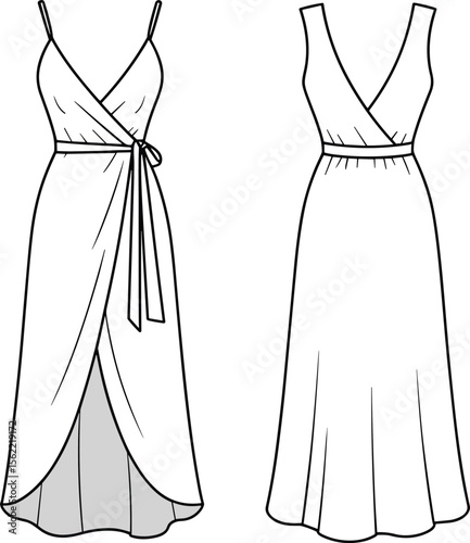 Women's Flat Sketch Template Elegant Wrap Maxi Dress with Tie Detail.