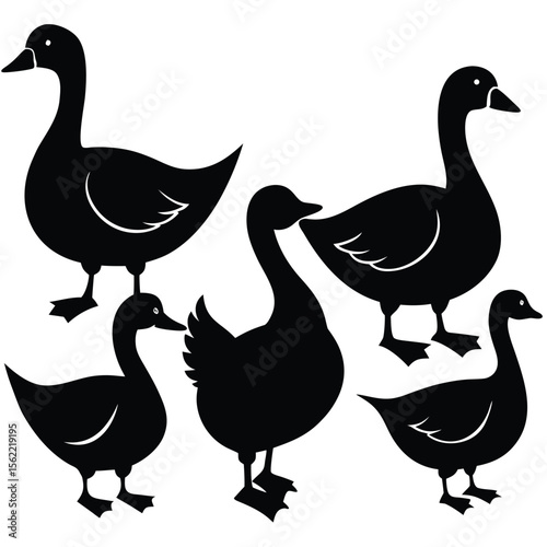 an image of six black silhouette ducks and geese in various poses, arranged on a white background 