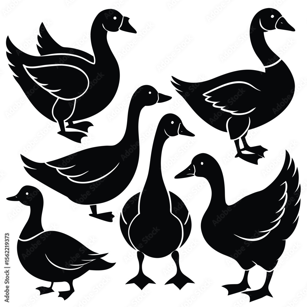 Obraz premium an image of six black silhouette ducks and geese in various poses, arranged on a white background 
