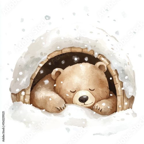 Watercolor Bear Napping Peacefully Inside a Snowy Igloo Winter Scene