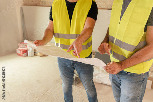Close up of unrecognizable Construction workers with blueprint on site discussing building project