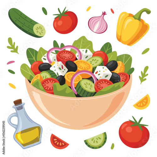 Delicious greek salad with fresh ingredients and olive oil bottle