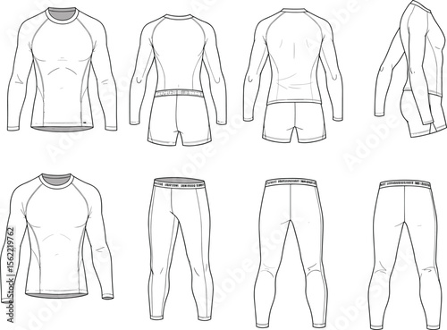 Men’s sportswear technical flat sketch, compression apparel vector template, workout gear design, gym leggings, training shorts, athletic shirt illustration