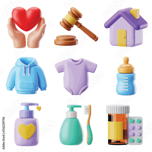 Collection of 3d baby care items and legal symbols representing family life