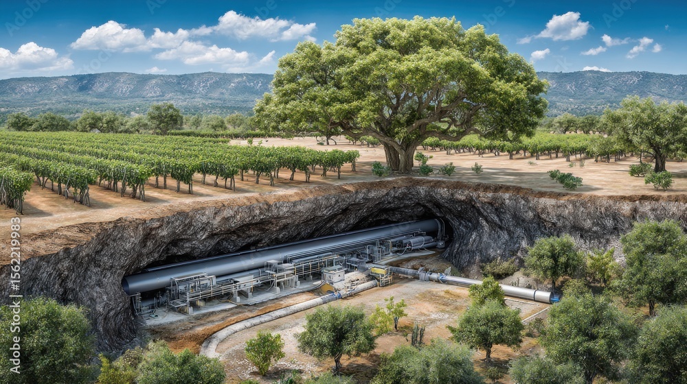 Obraz premium Hidden industrial complex beneath vineyard