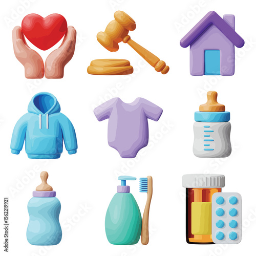 Collection of baby care items legal symbol and house icon representing family needs