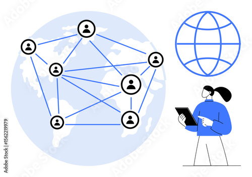 Network of interconnected user icons over world map, globe symbol, and a person holding a tablet. Ideal for communication, globalization, connection, collaboration, remote work, digital strategy