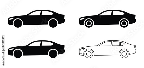 Four stylized sedan car icons in black and white silhouette outlines