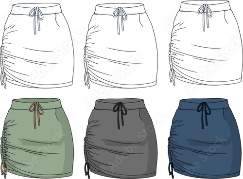  Women's Flat Sketch Template Ruched Mini Skirt with Drawstring in Multiple Colors