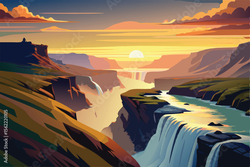 Majestic Sunset over Grand Canyon Waterfalls A Breathtaking Landscape Illustration
