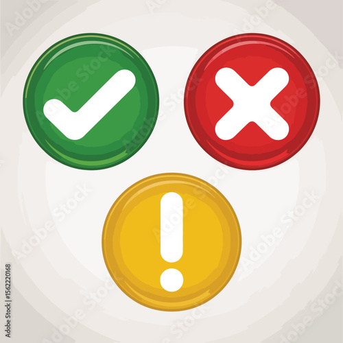 Green checkmark red cross and yellow exclamation mark icons for approval disapproval and warning