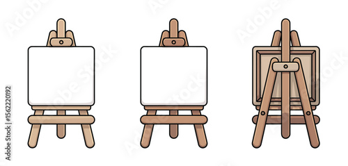 Three cartoon easels with blank canvases and one with a framed painting
