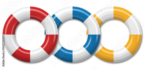 Three colorful striped life preservers in red white blue and yellow
