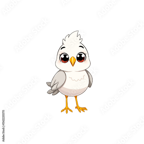 Cute cartoon white bird with big eyes isolated on white background
