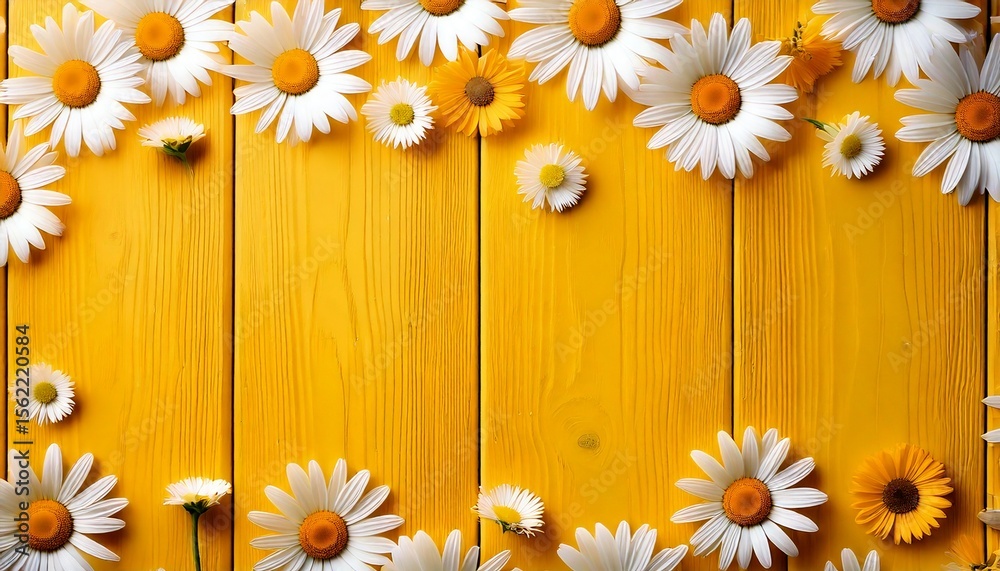 Obraz premium Spring composition. White and yellow daisy flowers on yellow wooden tabletop background