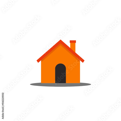 Simple orange house with red roof and chimney isolated on white background