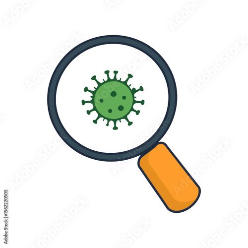 Magnifying glass inspecting a green virus particle isolated on white background