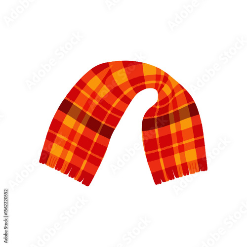 Warm plaid scarf with fringe in autumn colors isolated on white background