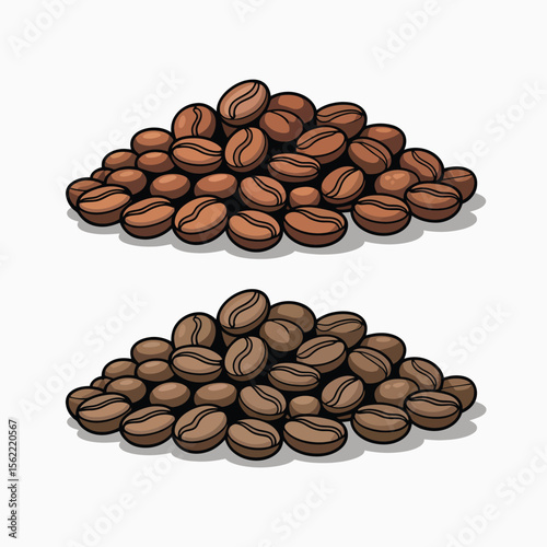 Two piles of roasted coffee beans isolated on white background