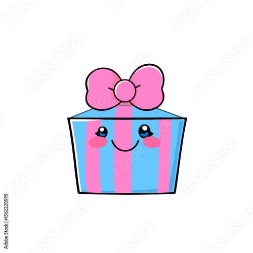 Cute kawaii gift box with pink bow isolated on white background