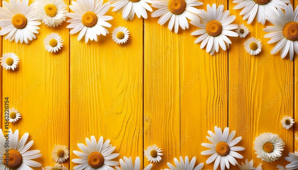 Obraz premium Spring composition. White and yellow daisy flowers on yellow wooden tabletop background