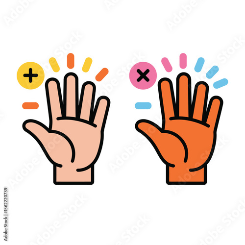 Two cartoon hands with plus and minus symbols indicating success and failure