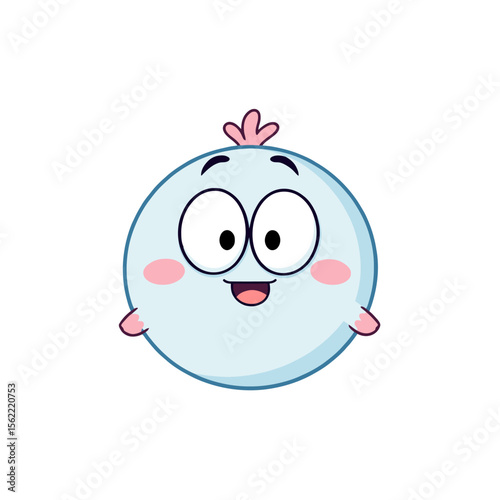 Cute cartoon light blue round character with big eyes and pink cheeks isolated on white background