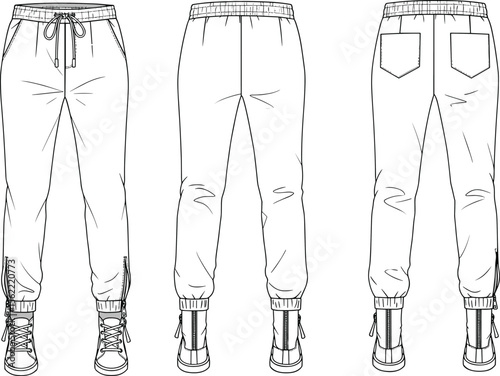 Must-have unisex jogger pants fashion flat sketch, a technical vector illustration template with front, back views, ankle zippers, and drawstring waist.